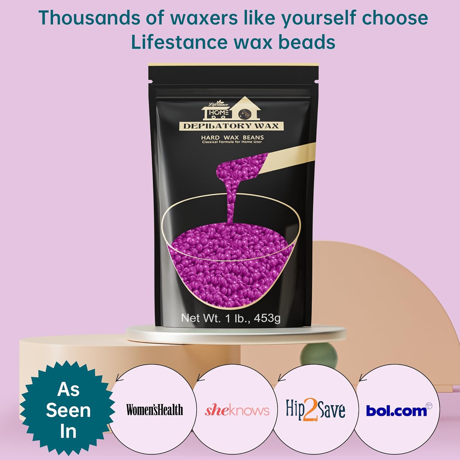 Lifestance depilatory wax pouch printed Net Wt 1 lb 453g displayed on a plinth