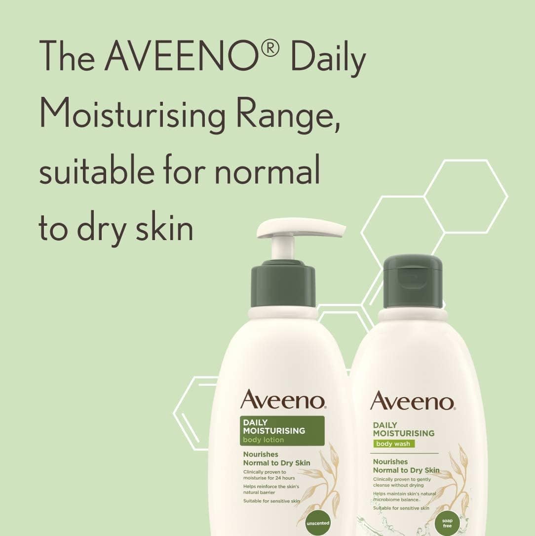 Aveeno lotion bottle shown in a bathroom context for everyday use