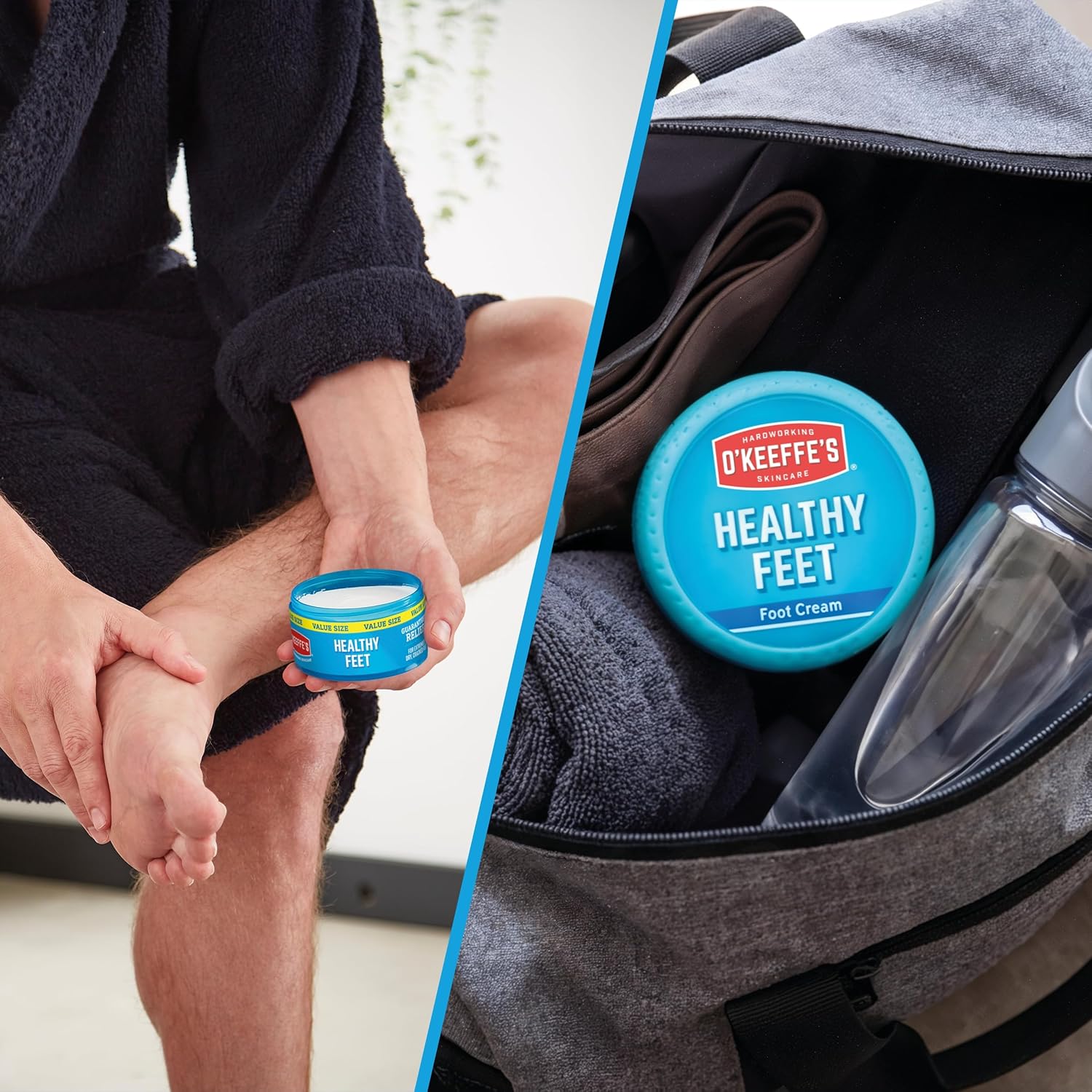O'Keeffe's Healthy Feet foot cream tub shown in a lifestyle setting