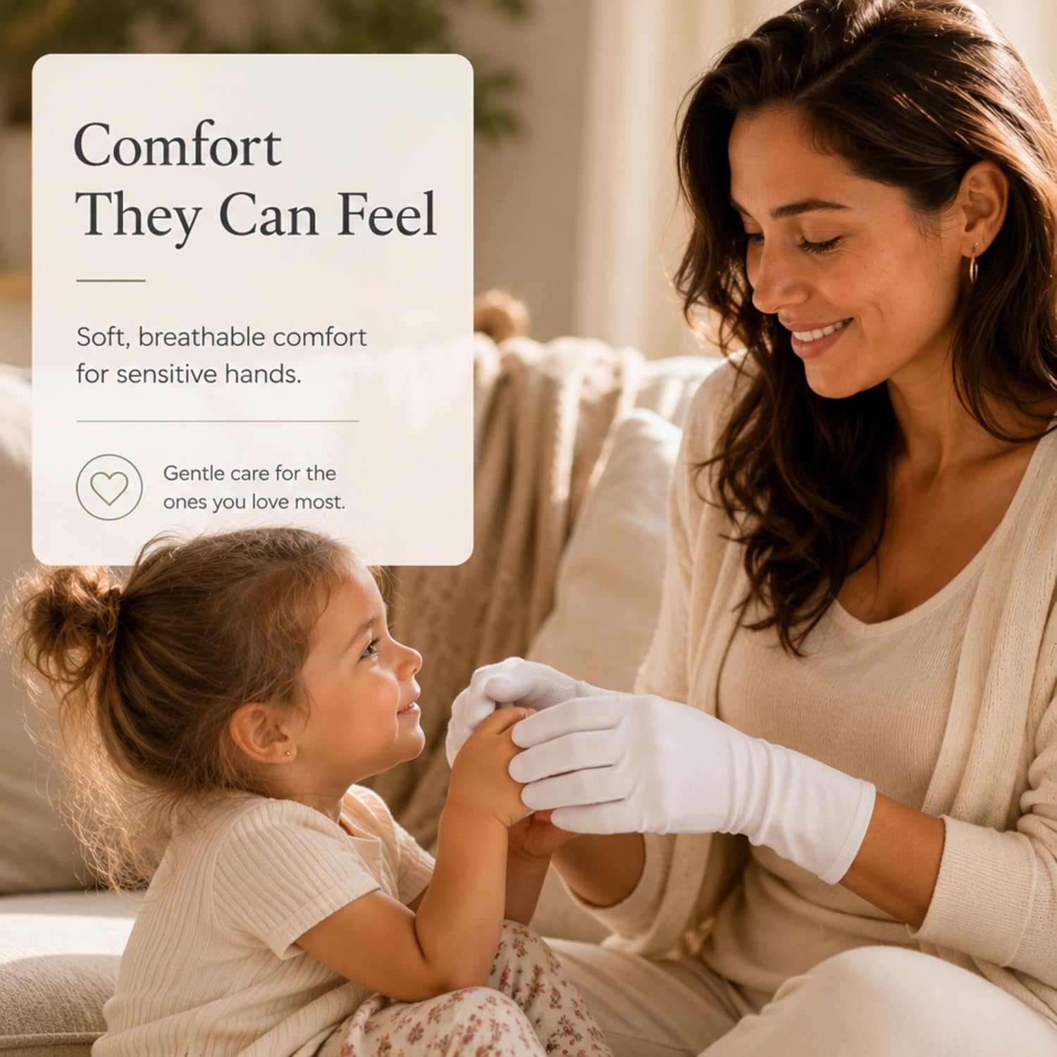 Mother wearing white cotton gloves holding her young daughter's hands on a sofa