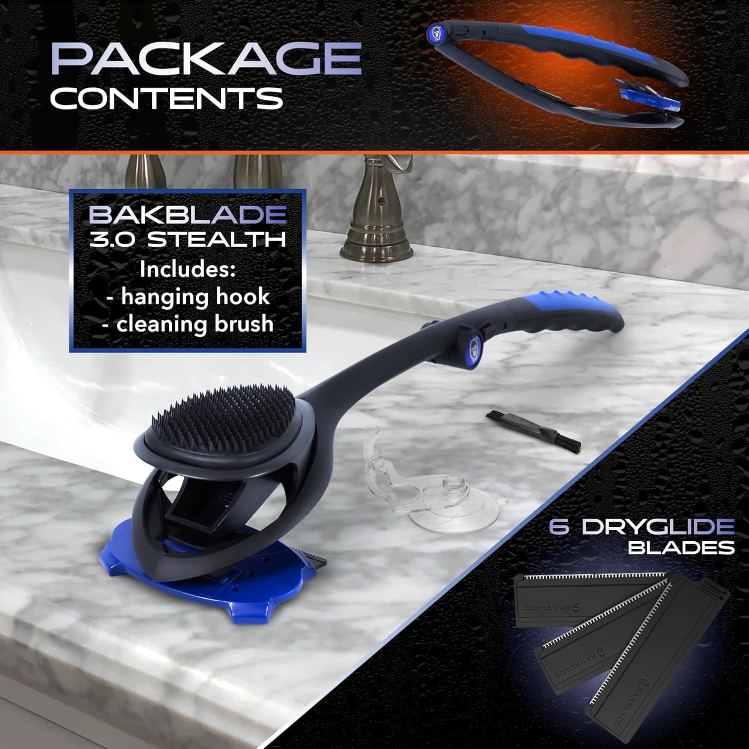 BakBlade 3.0 Stealth package contents including hanging hook, cleaning brush and six DryGlide blades