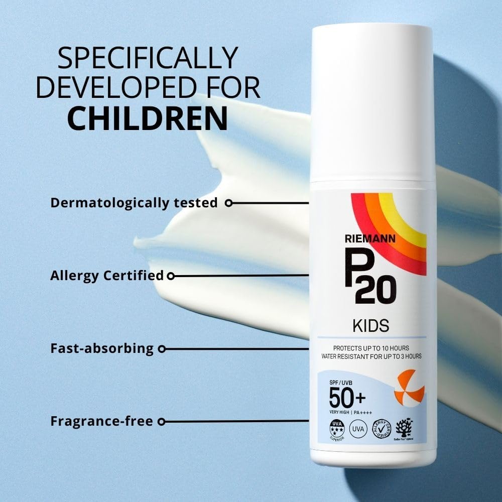 Thick white swatch of P20 Kids cream beside the bottle, with dermatologically tested, allergy certified, fast-absorbing and fragrance-free callouts