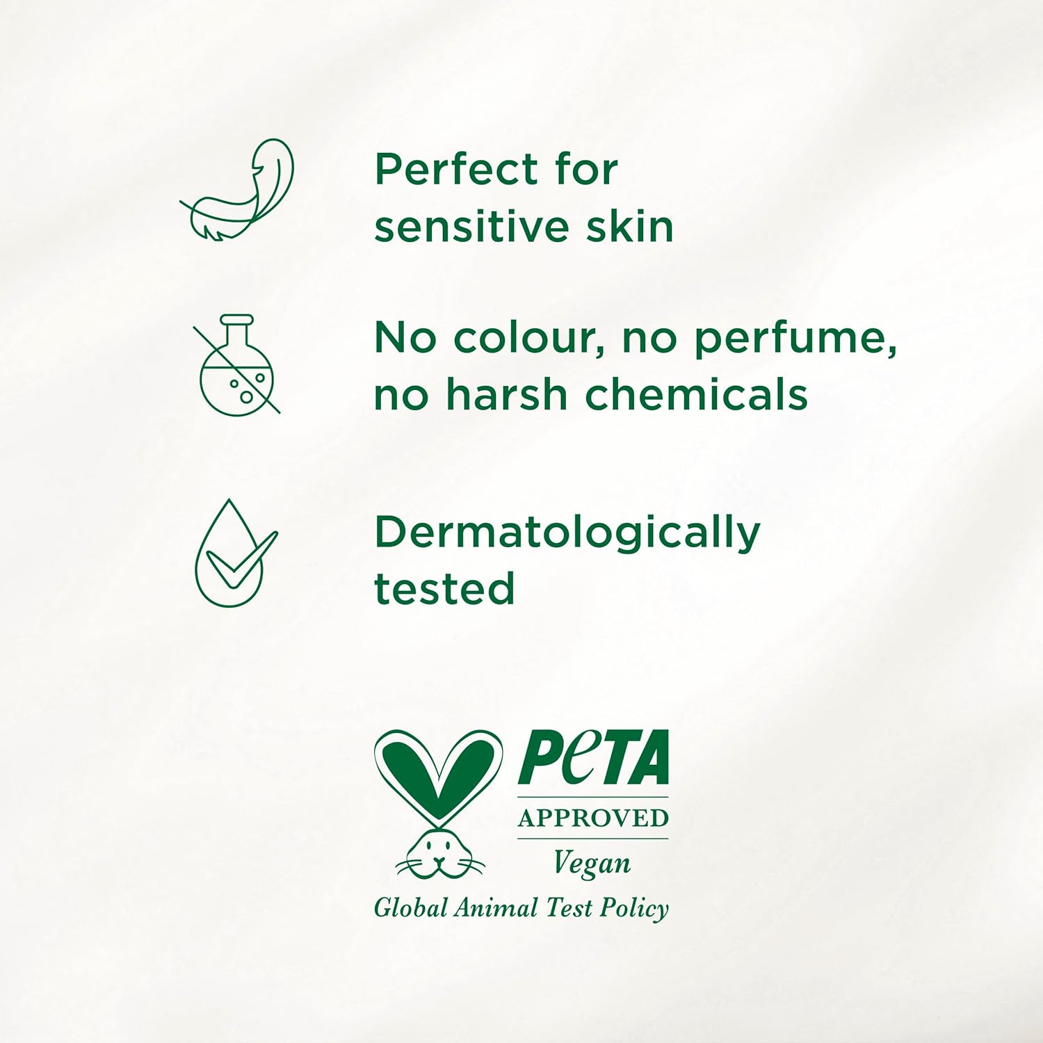 Listing graphic showing Simple's sensitive skin, no harsh chemicals, dermatologically tested and PETA-Approved Vegan claims