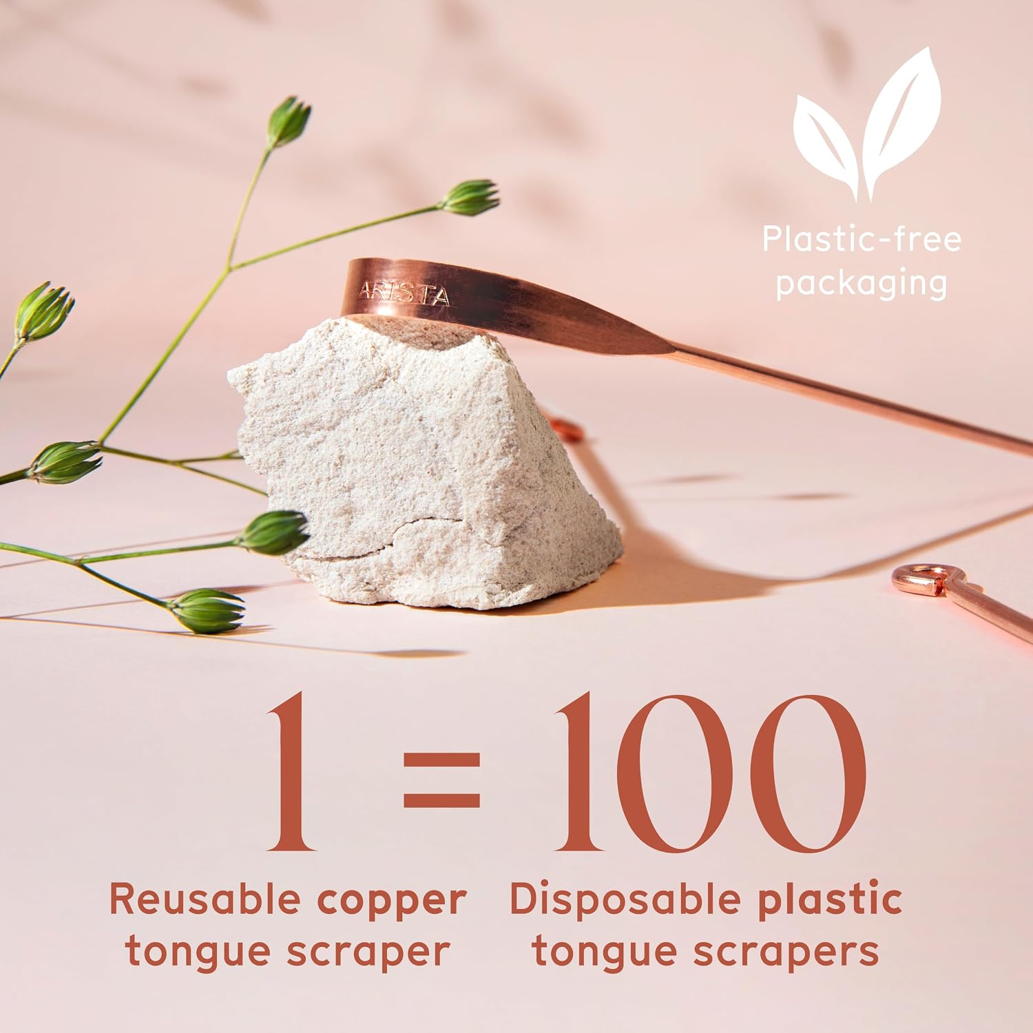 Arista listing graphic claiming one reusable copper tongue scraper replaces 100 disposable plastic tongue scrapers, with a plastic-free packaging badge