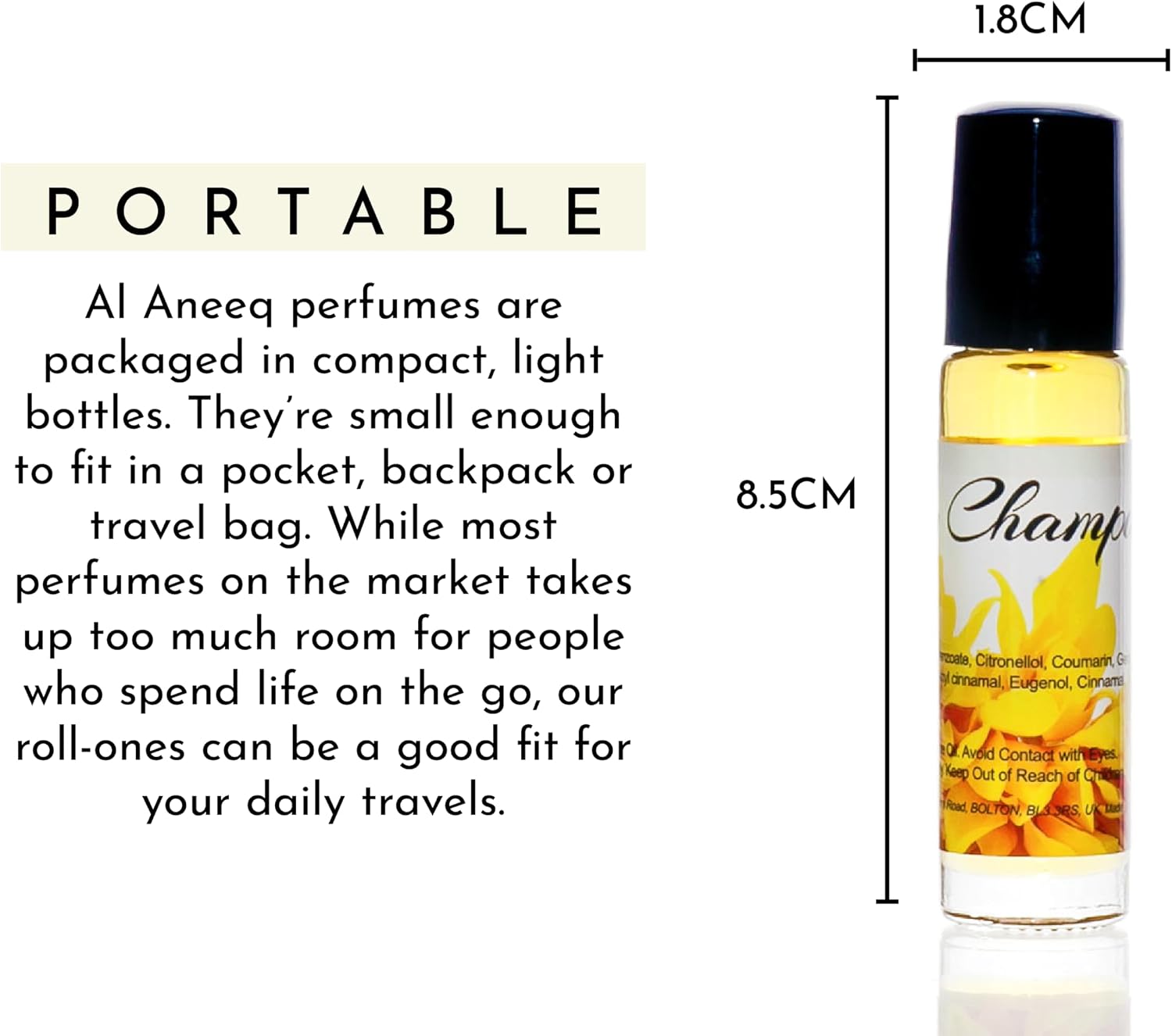 AL ANEEQ roll-on perfume oil bottle shown at 8.5cm tall and 1.8cm wide for travel