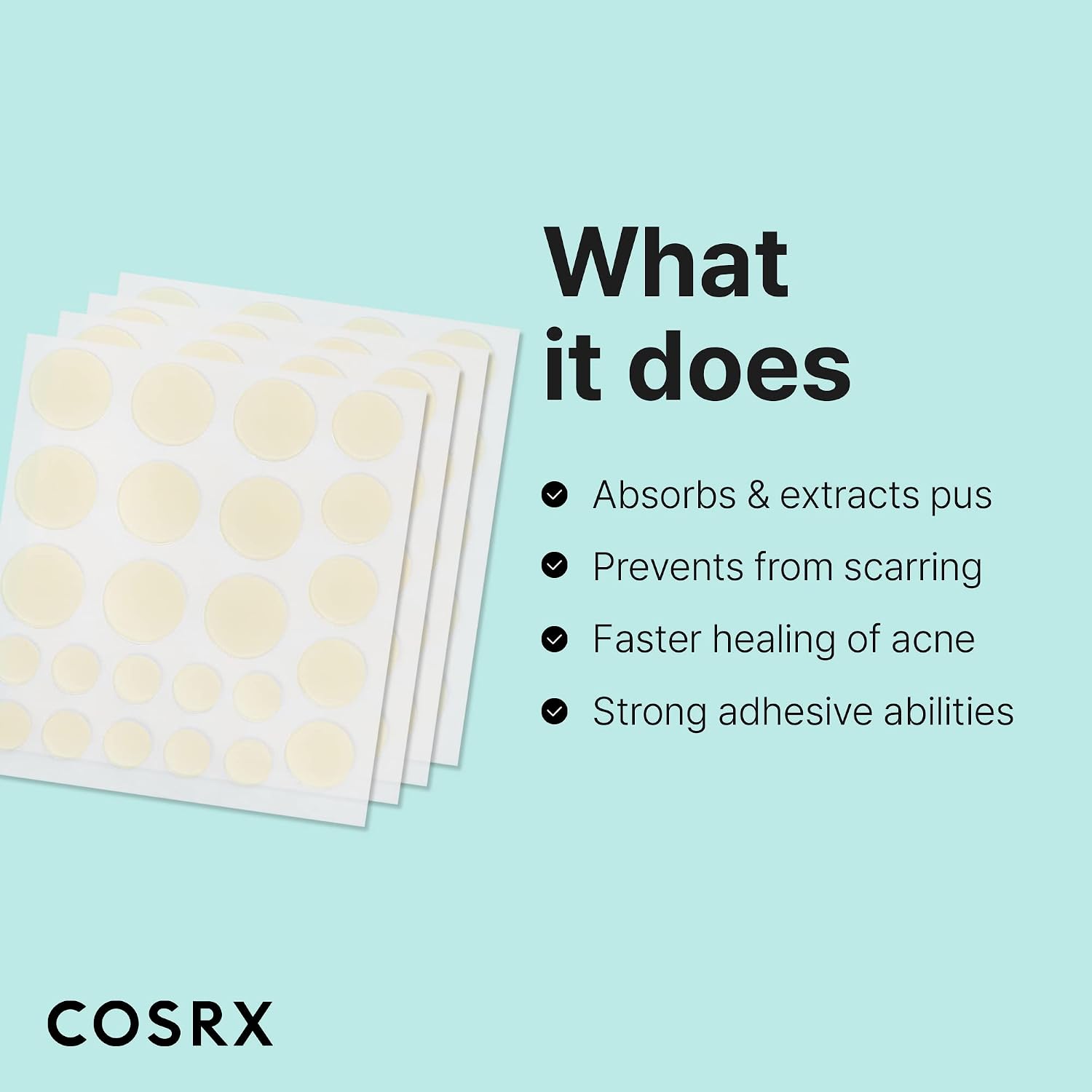 Sheets of COSRX hydrocolloid patches beside a list of what they do, including absorbing pus and preventing scarring