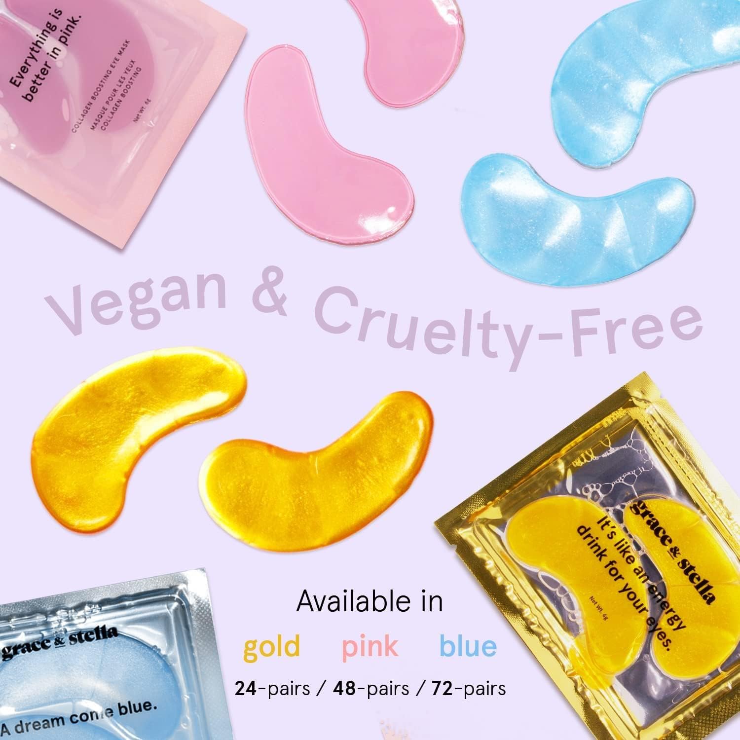 grace & stella eye masks shown in gold, pink and blue with 24, 48 and 72-pair pack sizes
