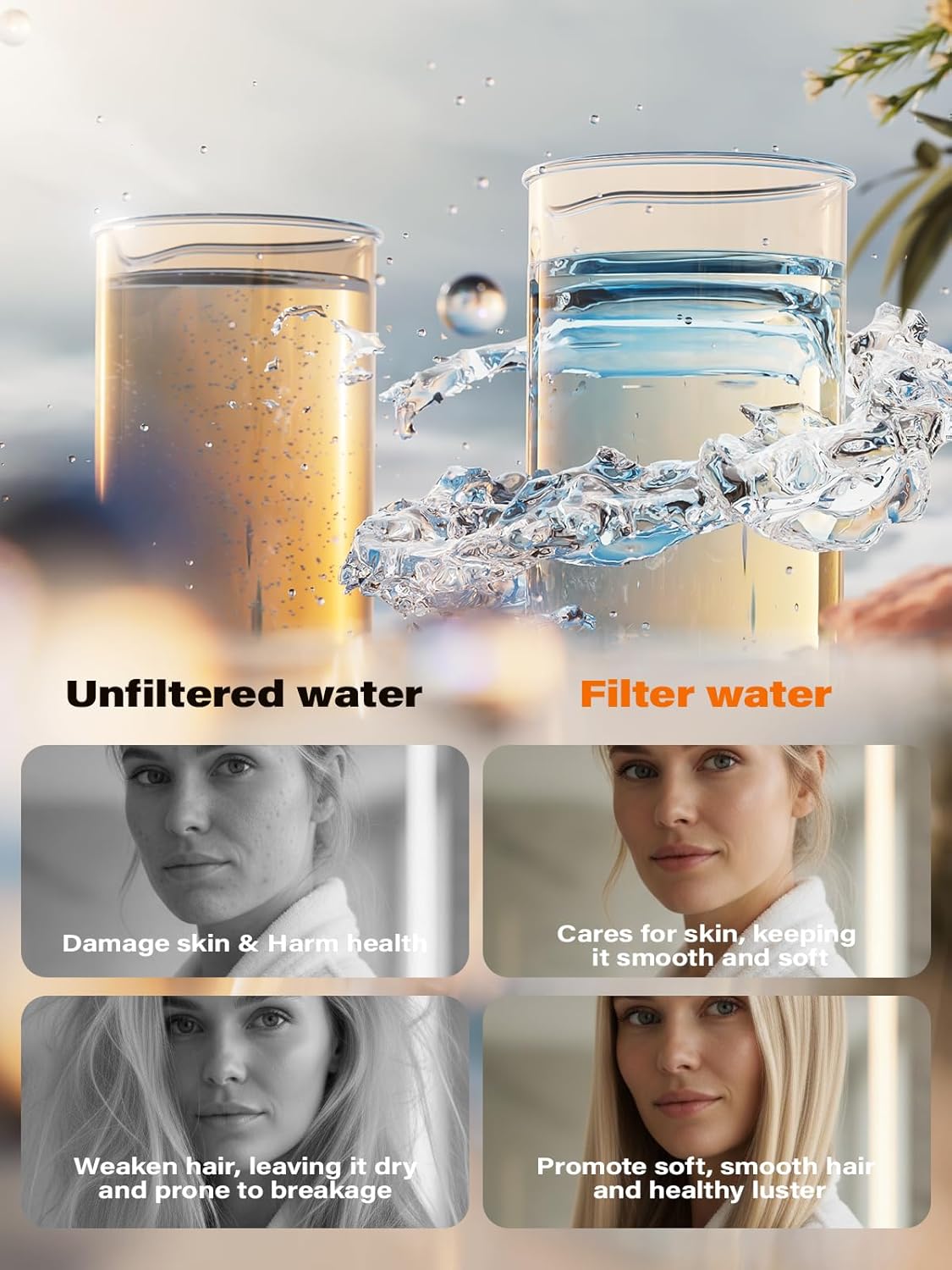 Cobbe listing graphic comparing a glass of discoloured unfiltered water with clearer filtered water and the claimed effects on skin and hair
