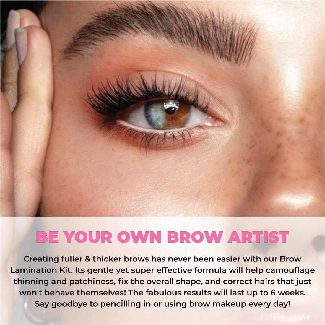 Close-up of a full laminated brow above an open eye with MIYA LASH's be your own brow artist tagline