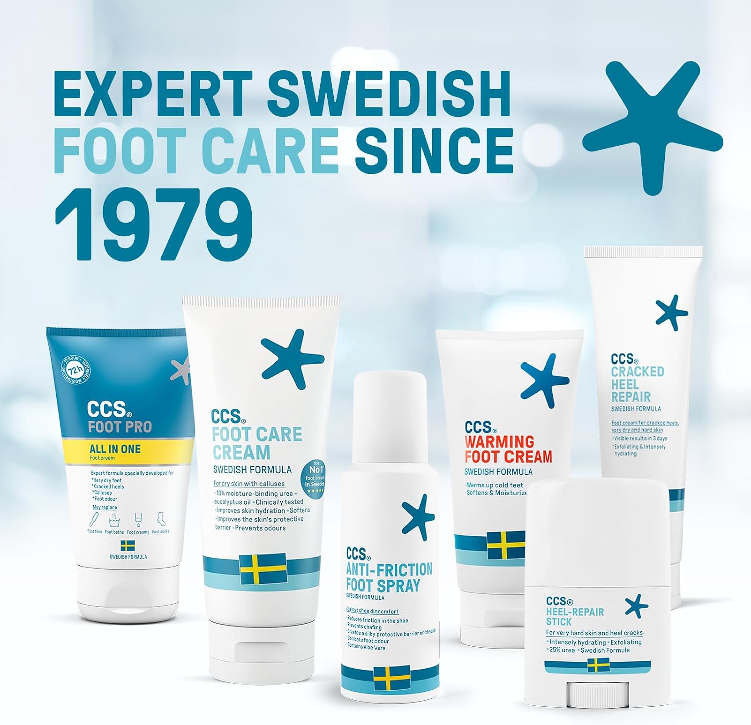 The CCS Swedish foot care range on the listing: Foot Pro All In One, Foot Care Cream, Anti-Friction Foot Spray, Warming Foot Cream, Cracked Heel Repair and 25% urea Heel-Repair Stick