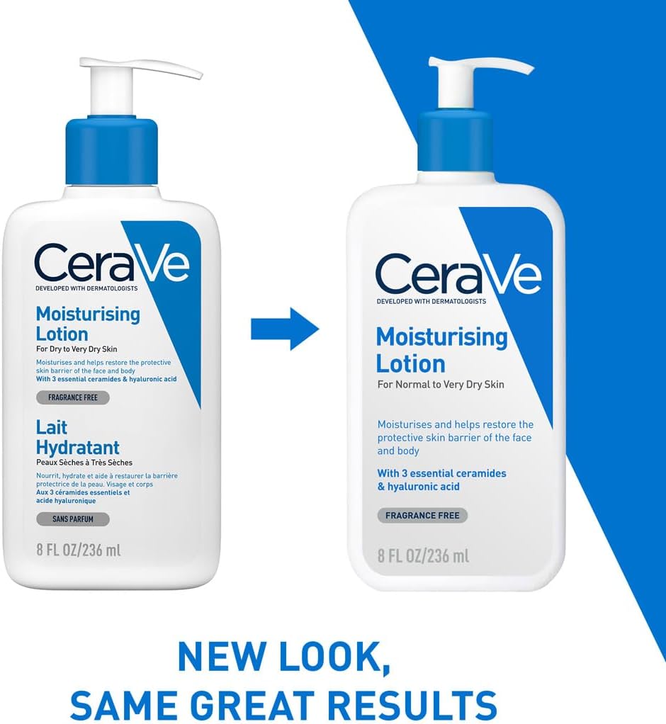 Side-by-side comparison of the old and new CeraVe Moisturising Lotion 236 ml labels captioned new look, same great results