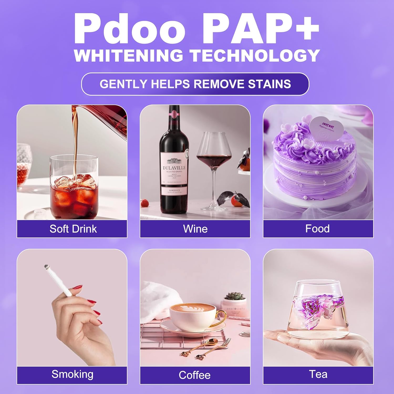 Panel showing the six staining sources Pdoo targets, including coffee, tea, red wine and smoking