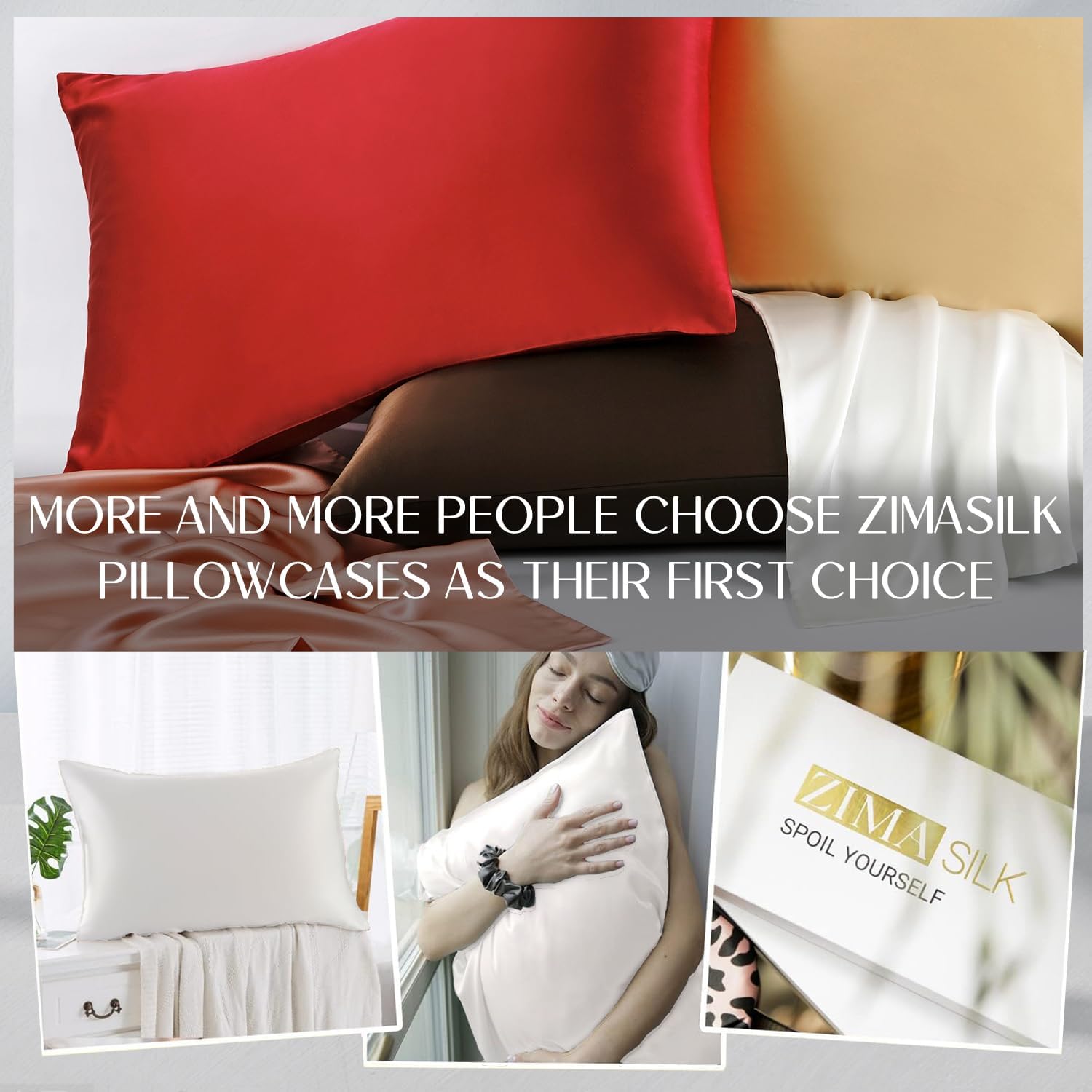 ZIMASILK silk pillowcases in red, brown, gold and white colourways layered on a bed