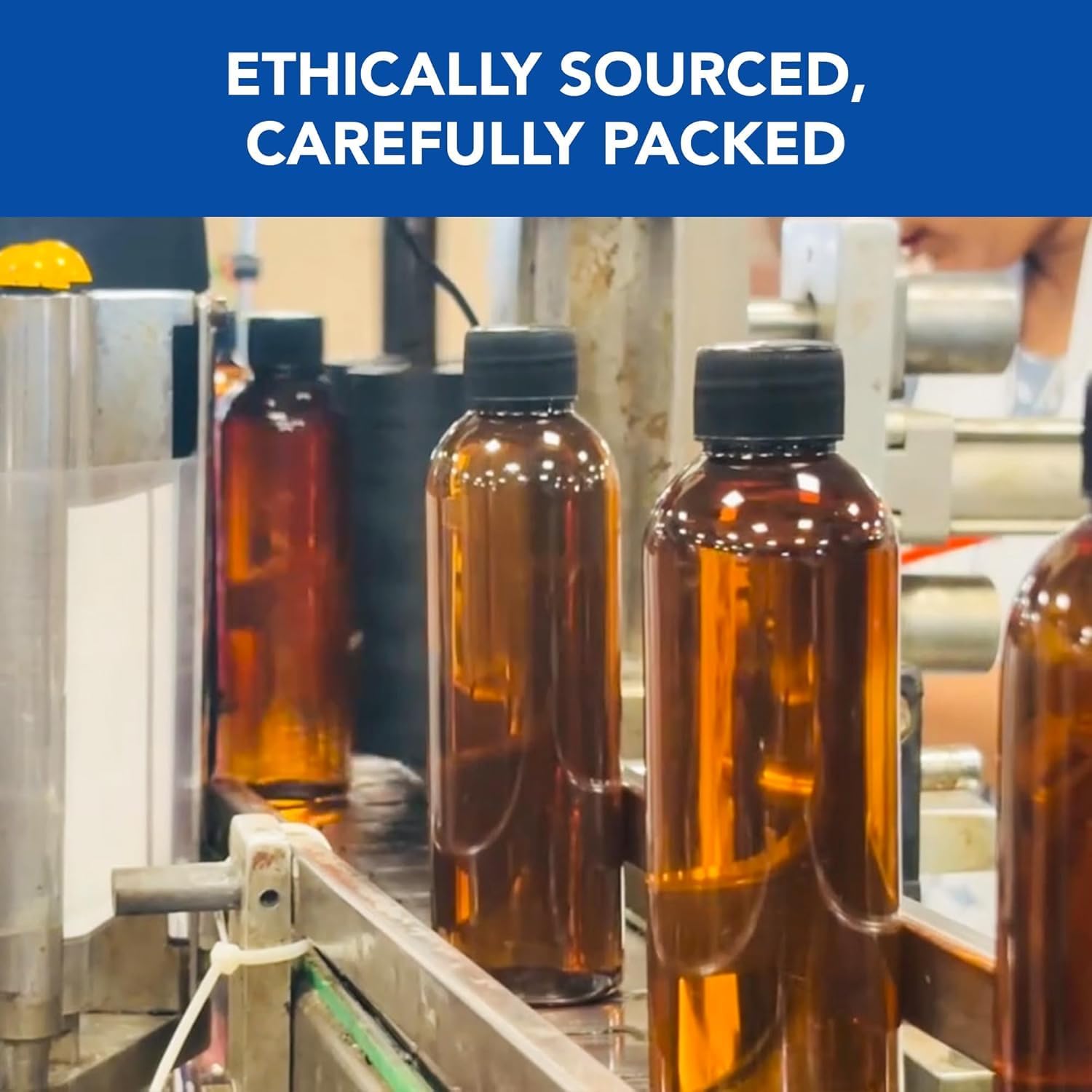 Unlabelled amber bottles with black caps moving along a bottling line under an ethically sourced, carefully packed banner