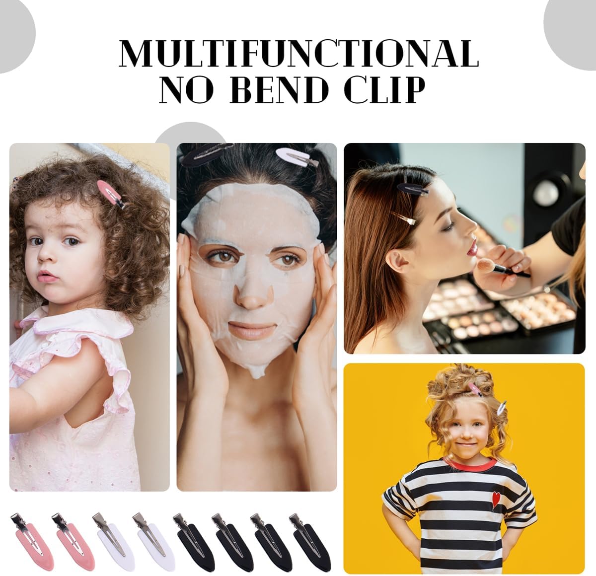 The eight no bend clips shown holding hair back during a sheet mask, during makeup and on a child