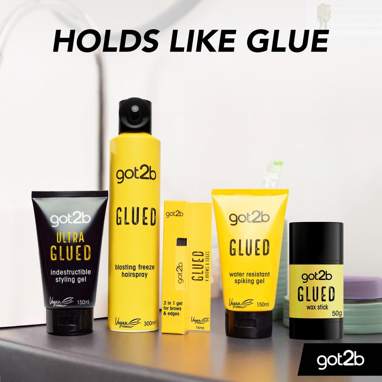 got2b Glued range showing hair gel hairspray spiking gel and wax stick products