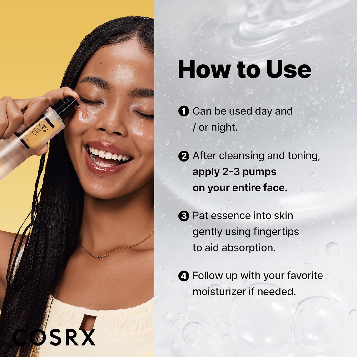 Four-step guide showing how to apply COSRX Snail Mucin Essence with model demonstrating application