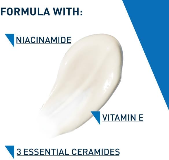 CeraVe AM Facial Moisturising Lotion key ingredients infographic showing niacinamide, vitamin E, and three essential ceramides