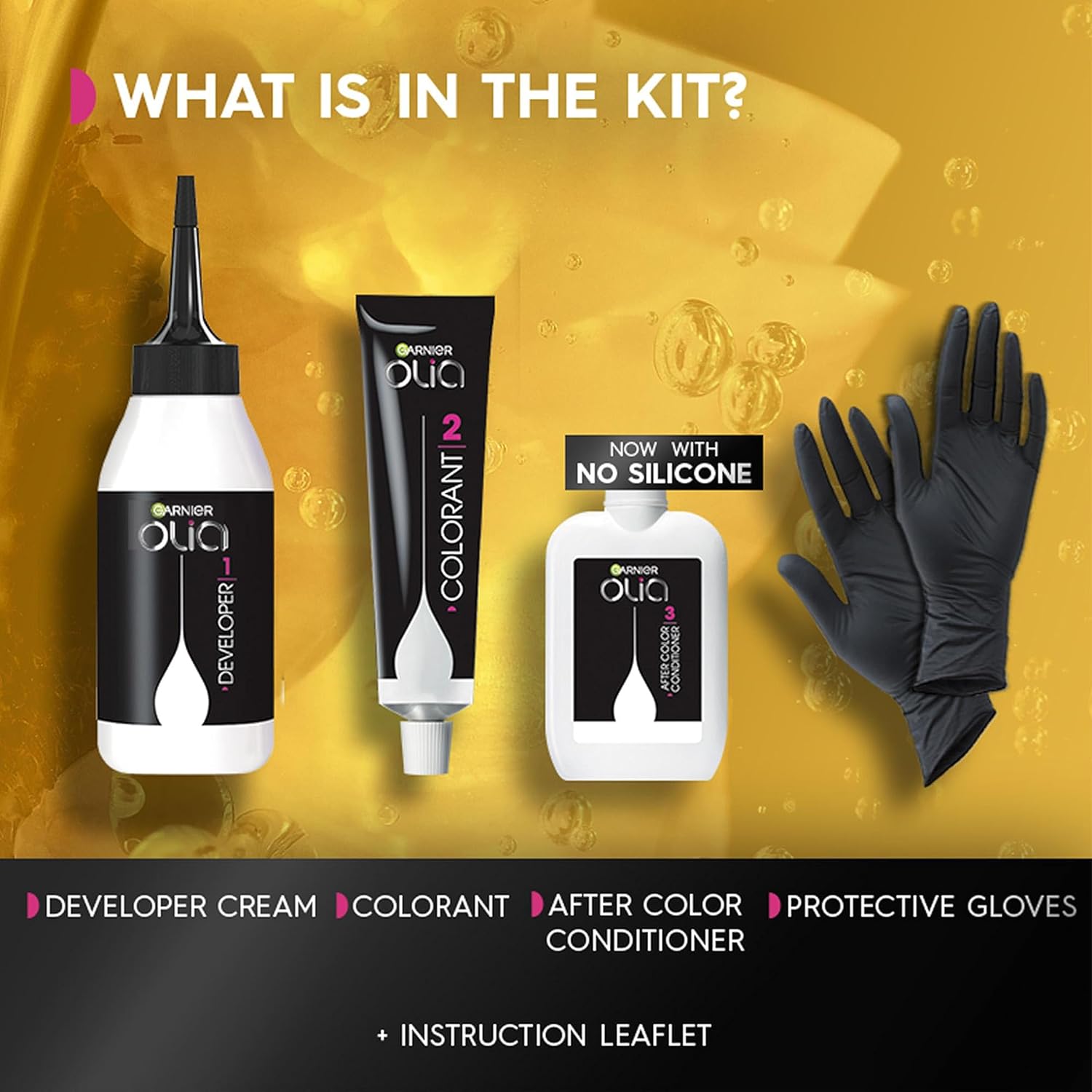 Garnier Olia 5.0 Brown kit contents including developer cream, colour cream, conditioner and gloves