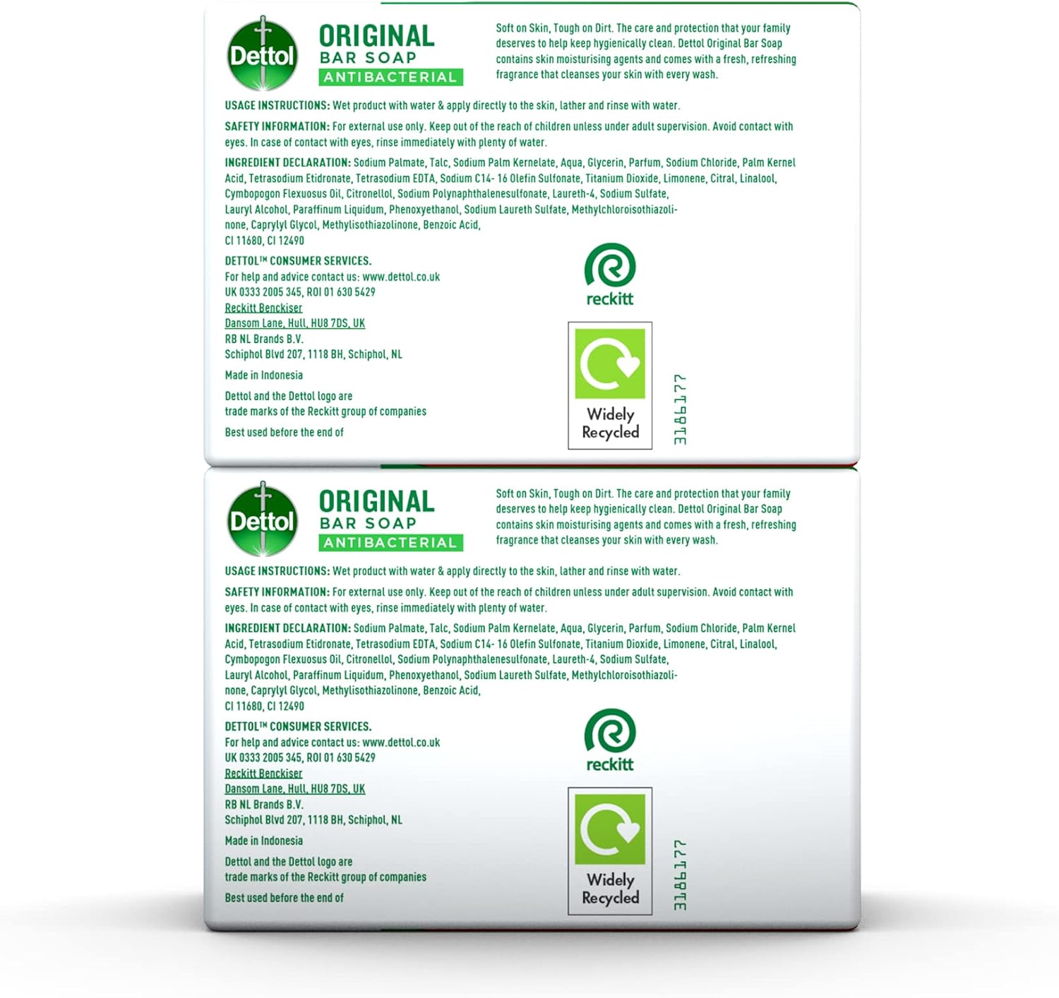 Dettol bar resting in a soap dish showing the used surface and colour