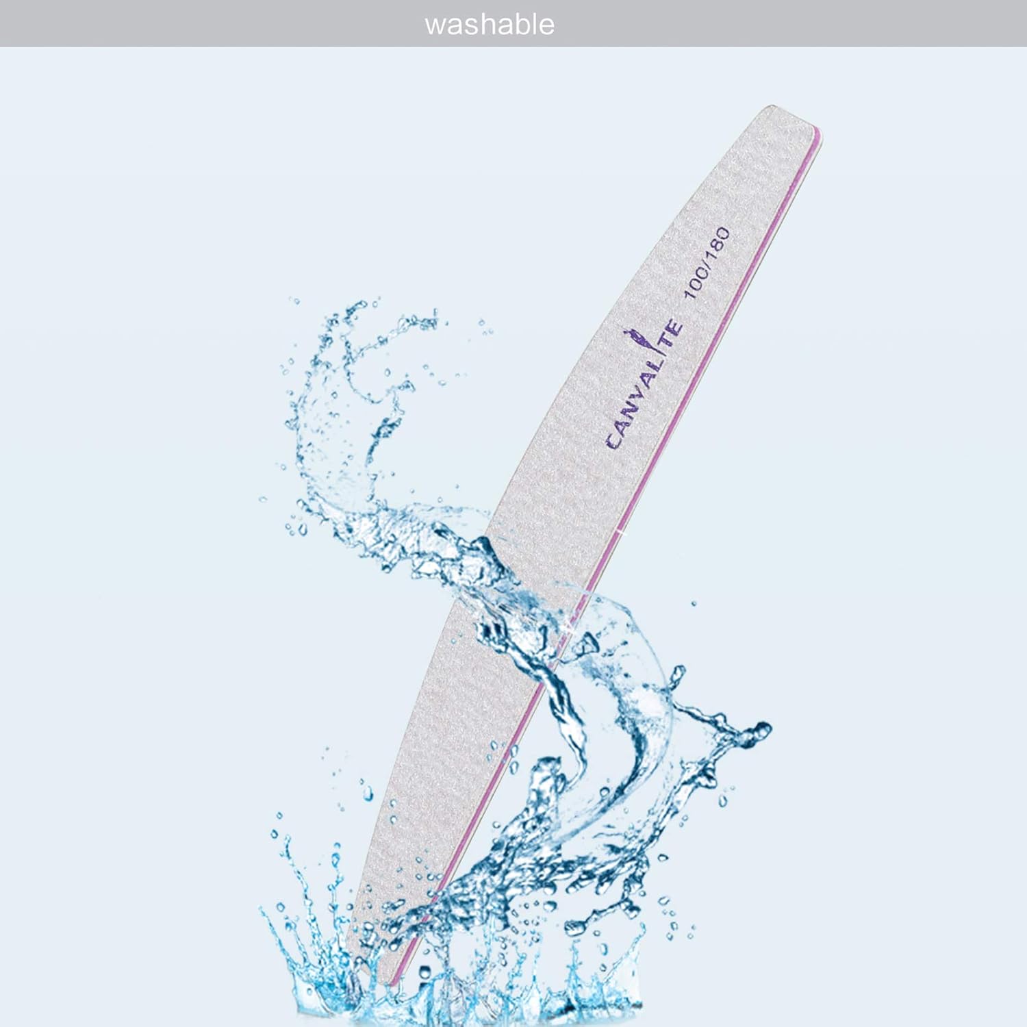 Stylised product shot of the CANVALITE nail file with water splash showing it is washable and water resistant