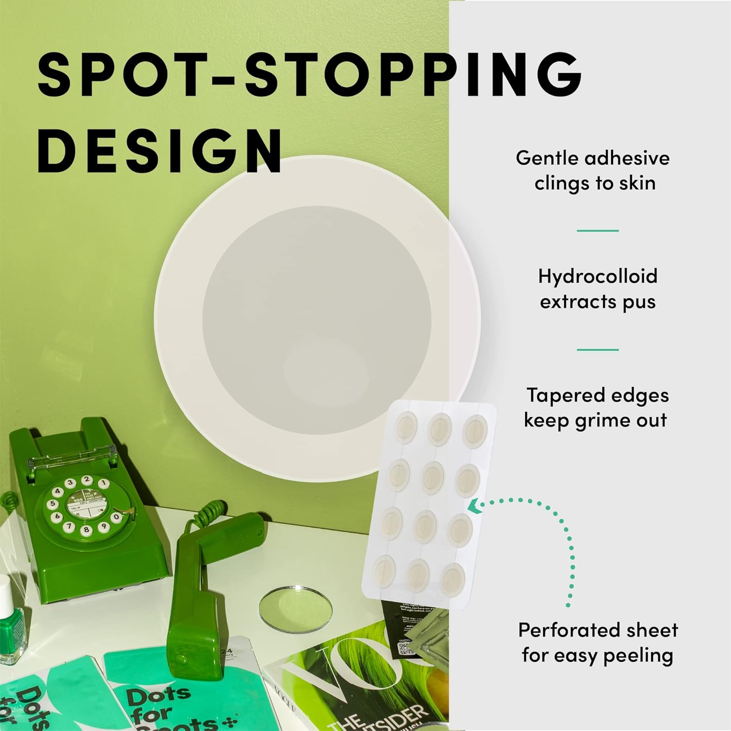 Feature shot highlighting the translucent design of Dots for Spots Patches