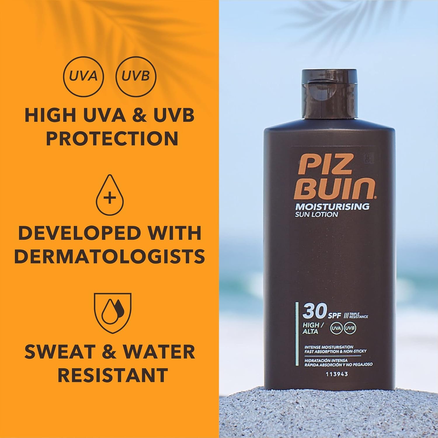 Piz Buin sun lotion SPF 30 product feature shot showing the bottle and key benefits