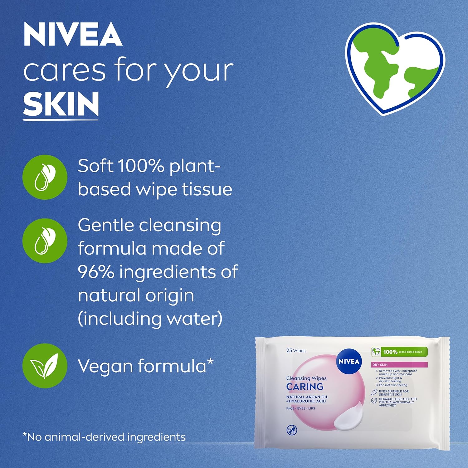 NIVEA Caring 3-in-1 Cleansing Face Wipes highlighting key features