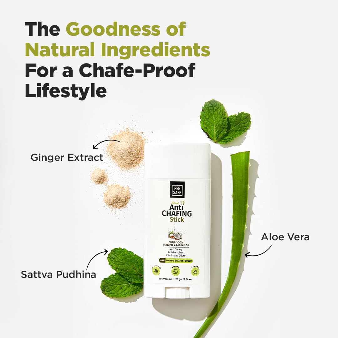 PEESAFE anti chafing stick shown as an all-over anti-chafe balm for runners and skin folds