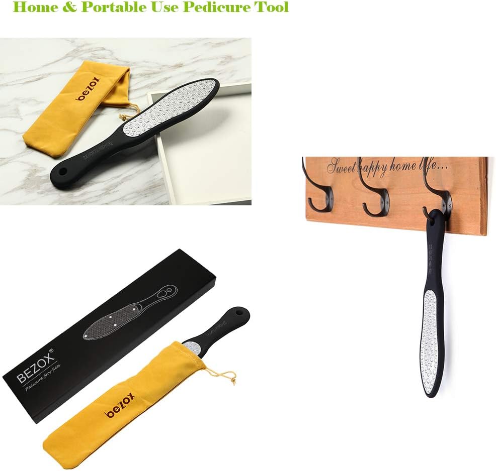 BEZOX foot file with its yellow drawstring pouch and black presentation box, and a second shot of the file hanging by its handle hole from a wooden coat hook