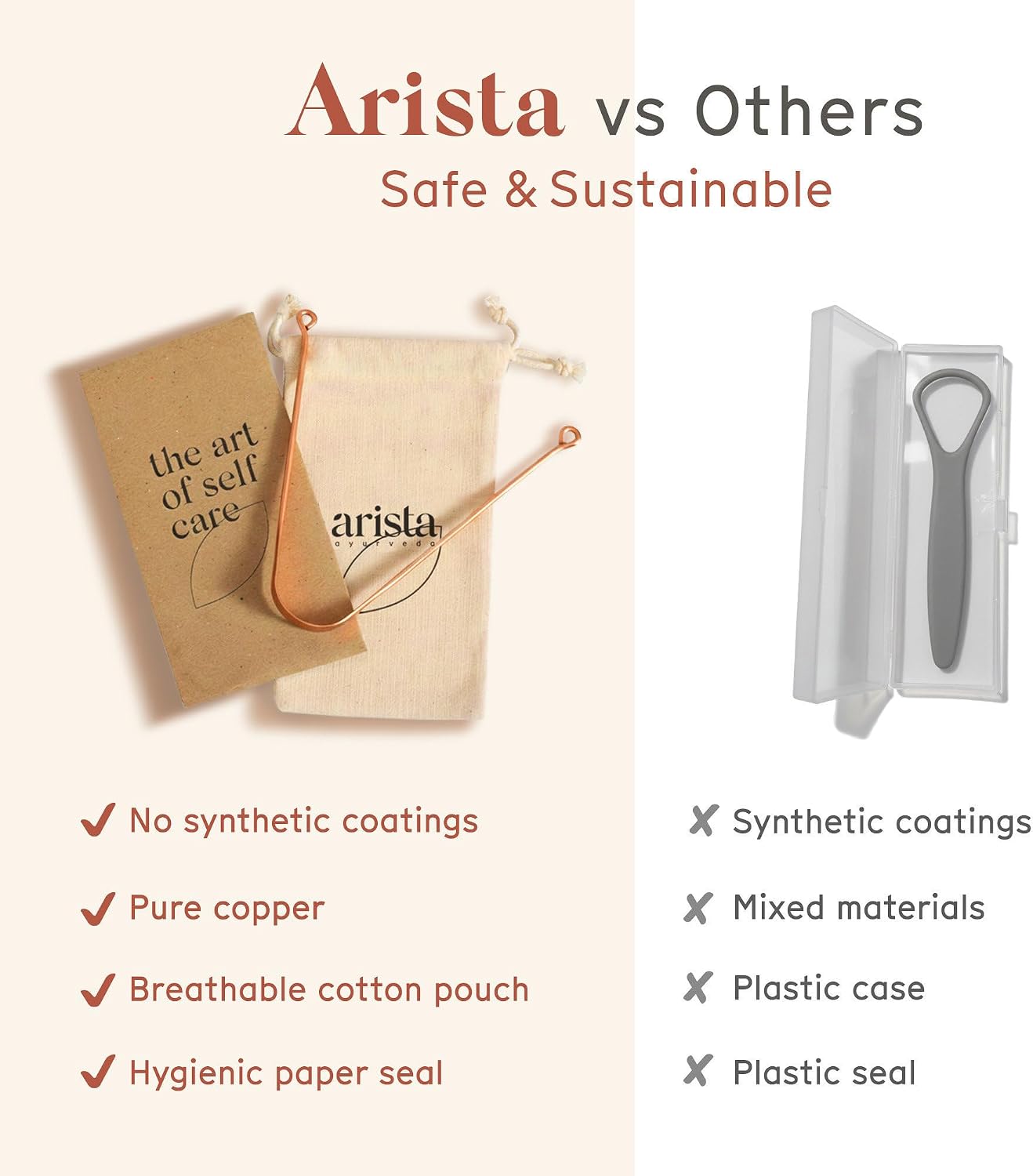 Arista vs Others comparison graphic showing the copper scraper with a cotton pouch and paper card against a grey plastic scraper in a clear plastic case