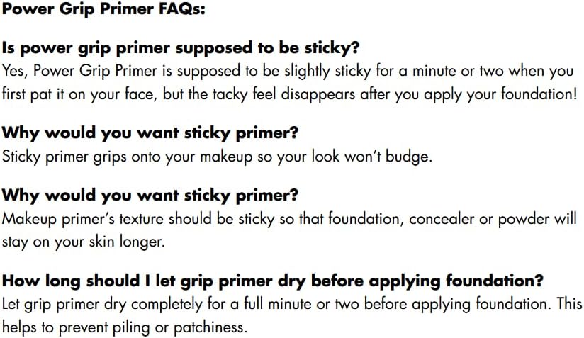 e.l.f. listing FAQ panel explaining why the primer is supposed to feel sticky and how long to let it dry before foundation