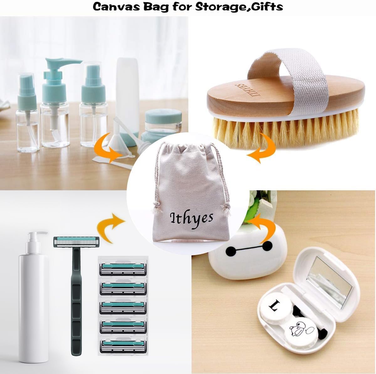 Collage of the Ithyes canvas drawstring bag shown with travel bottles, a razor and a lens case to illustrate what it can store