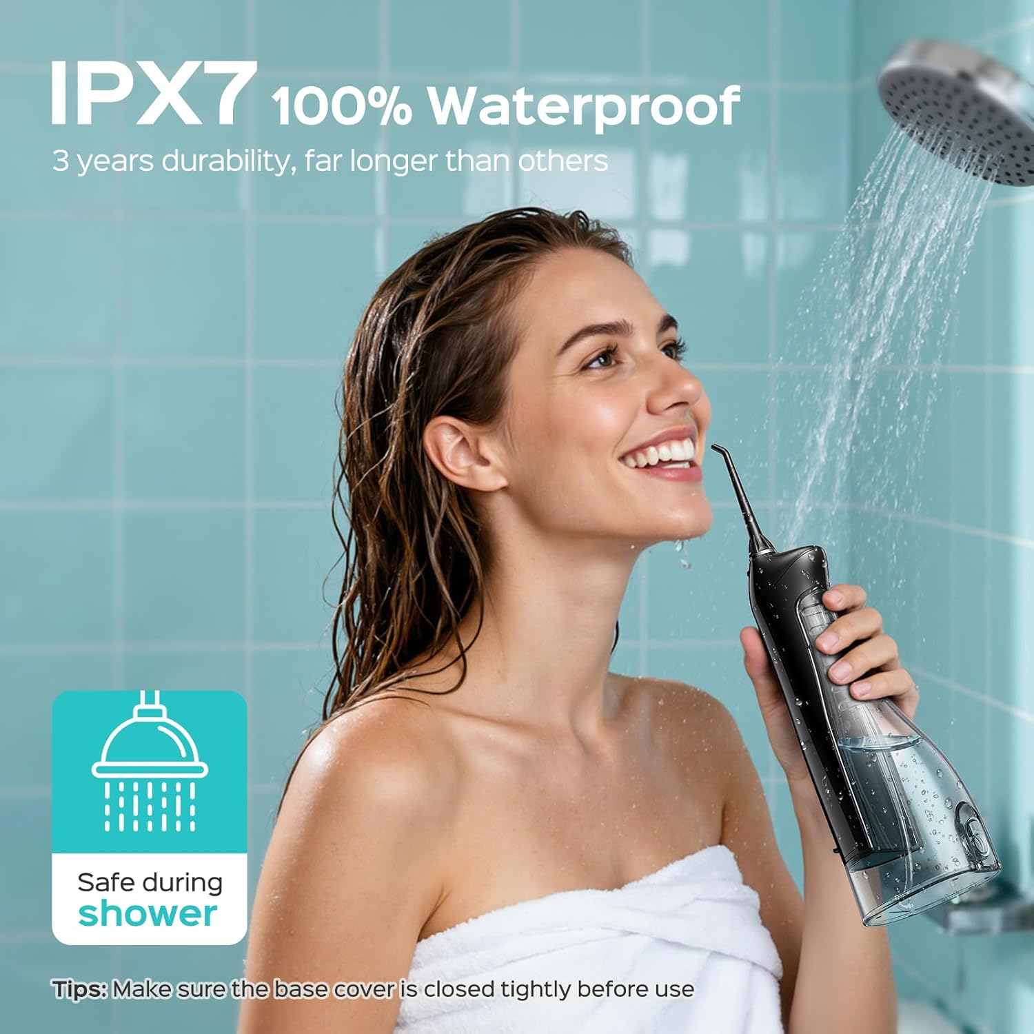 COSLUS water flosser used in the shower with IPX7 waterproof rating and base cover warning
