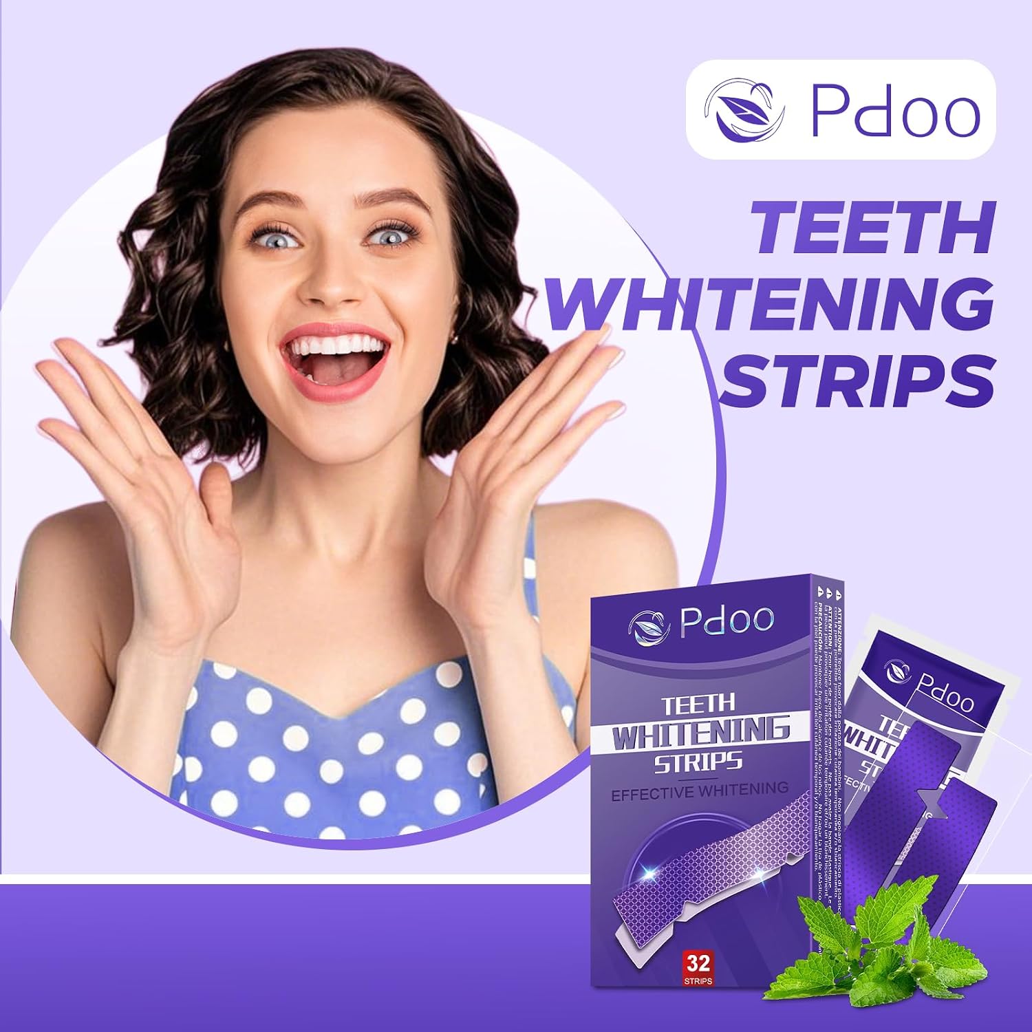Pdoo teeth whitening strips retail box with a pair of purple strips and fresh mint leaves