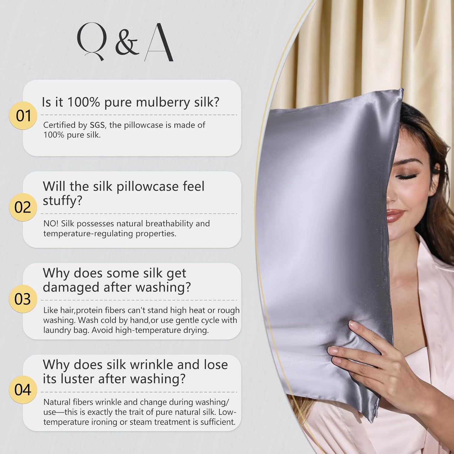 ZIMASILK question and answer graphic covering silk purity, breathability and washing guidance