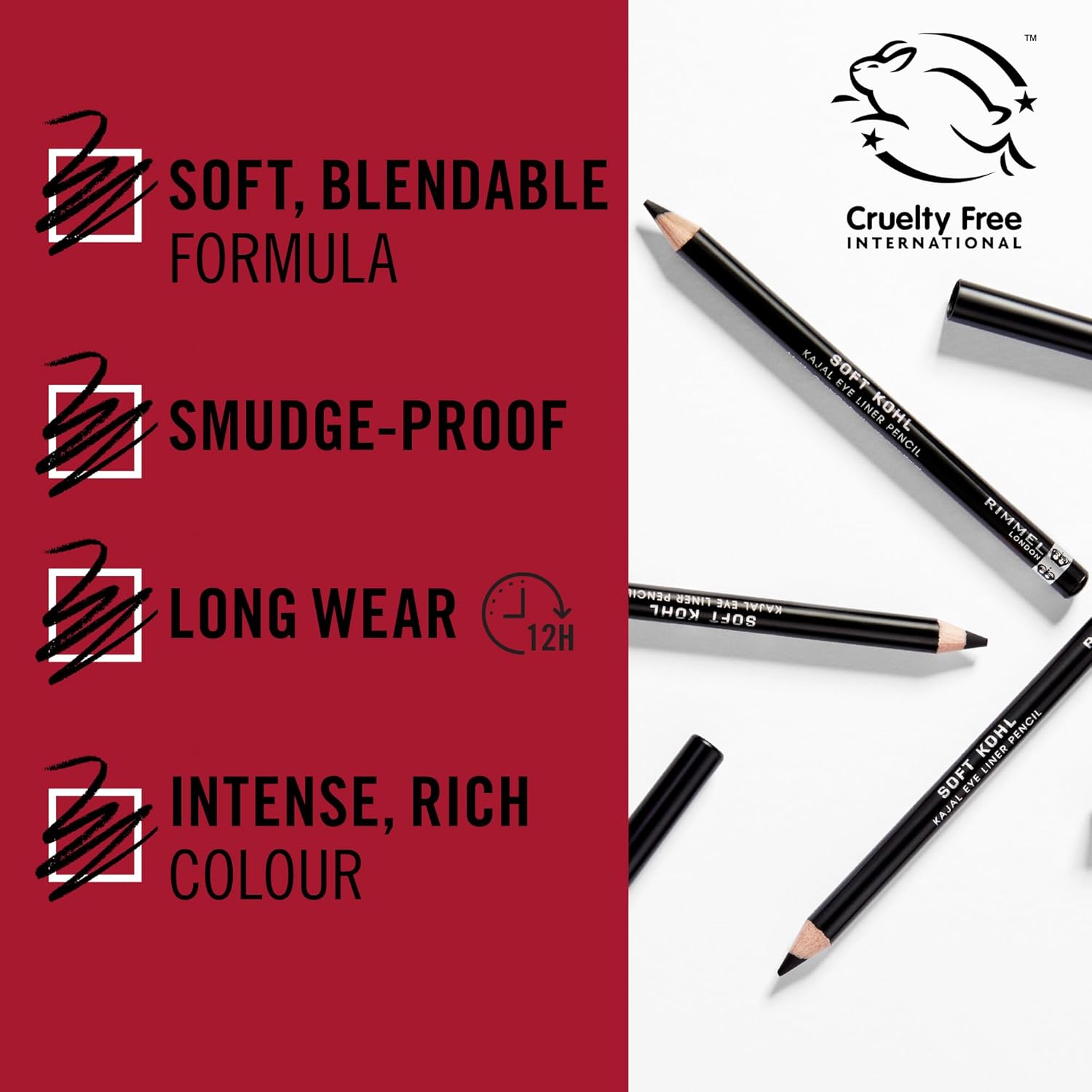 Rimmel Soft Kohl marketing graphic showing key features: soft blendable formula, smudge-proof, 12 hour long wear, intense colour, cruelty free