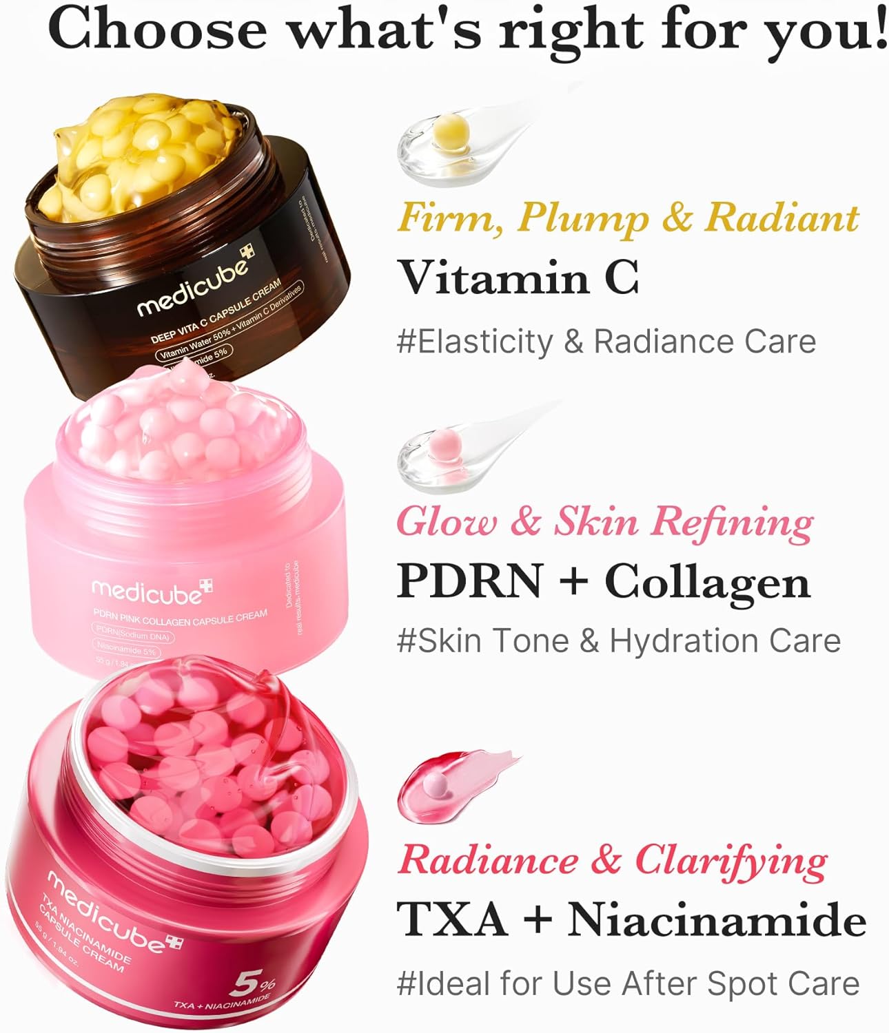 medicube capsule cream range comparison showing the Vitamin C, PDRN pink collagen and TXA niacinamide jars