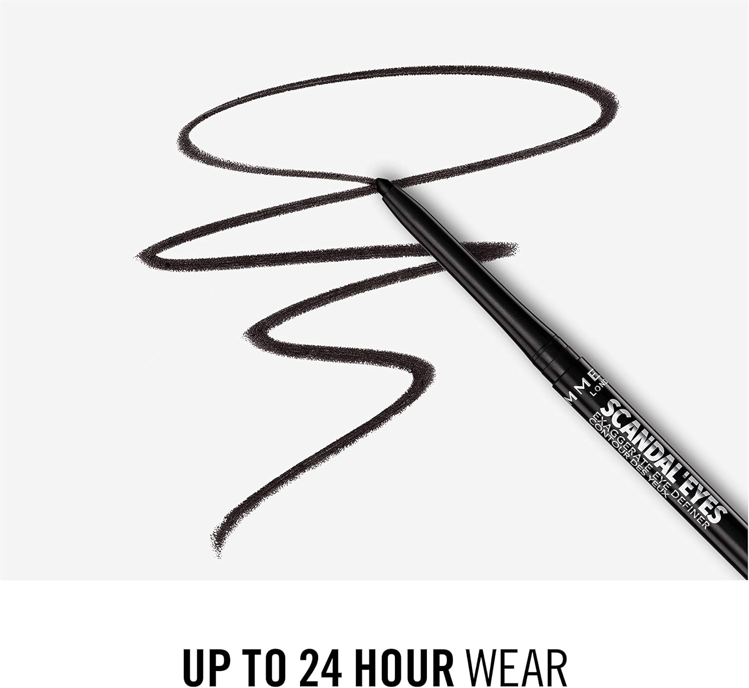 Rimmel Scandaleyes Exaggerate pencil next to a black swatch with 24 hour wear label