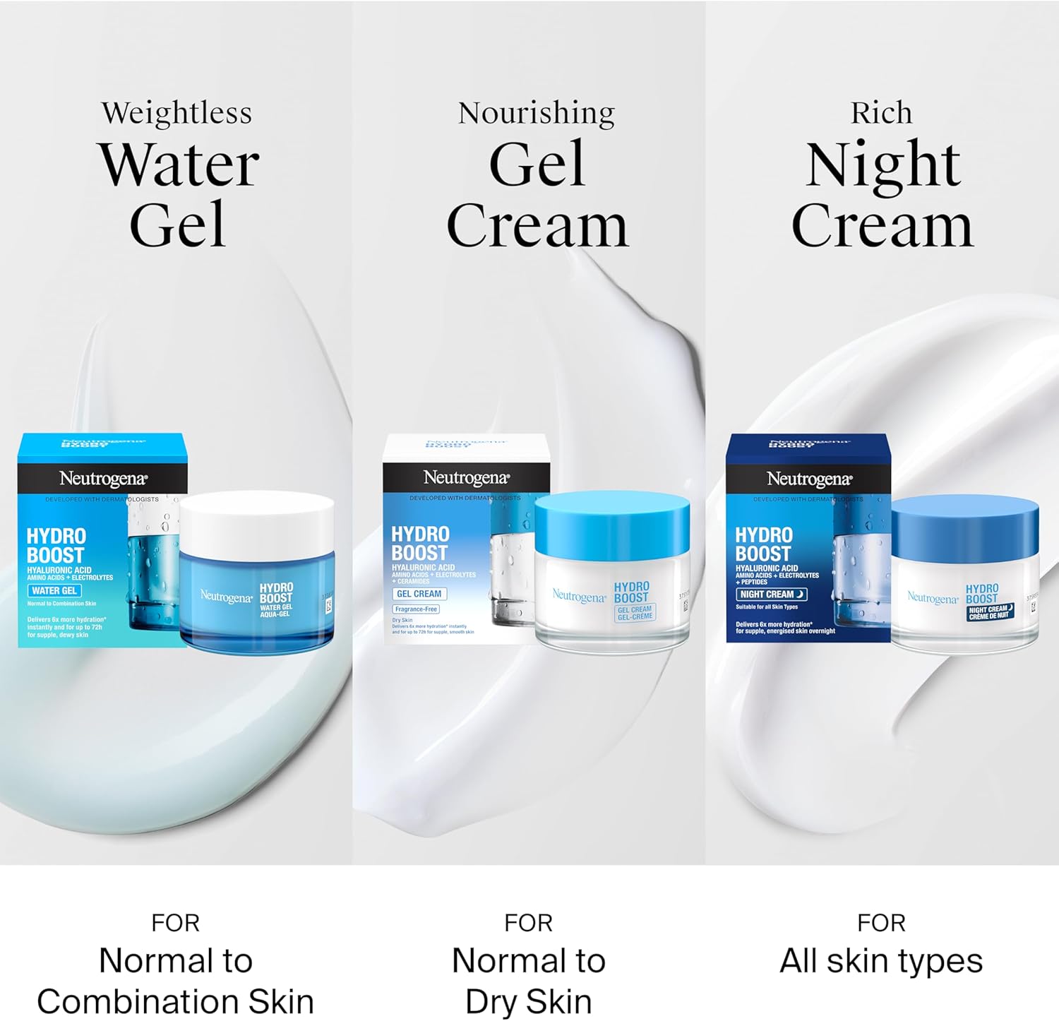 Neutrogena Hydro Boost product range comparison showing Water Gel, Gel Cream, and Night Cream variants