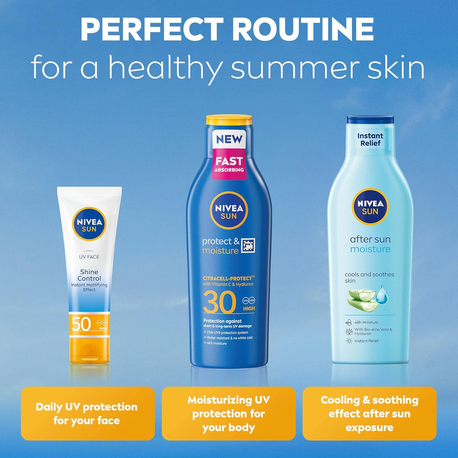 NIVEA SUN product range lineup showing lotion, spray and specialist variants