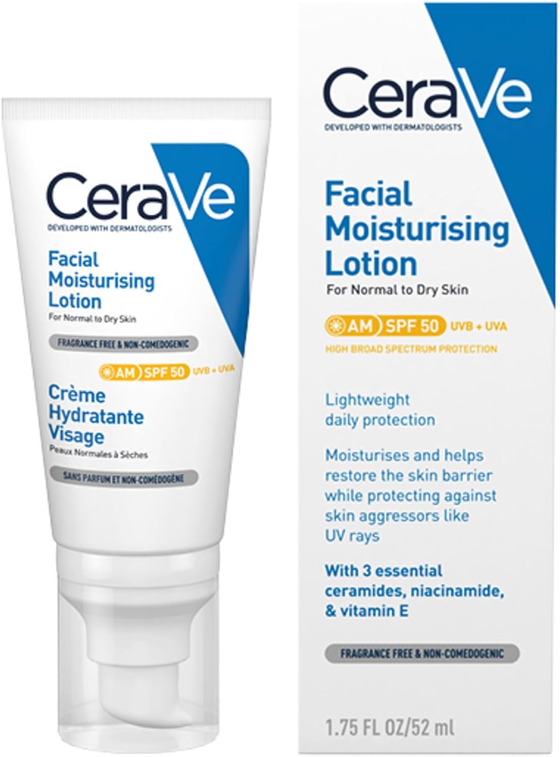 CeraVe AM Facial Moisturising Lotion SPF 50 tube displayed alongside its retail packaging box
