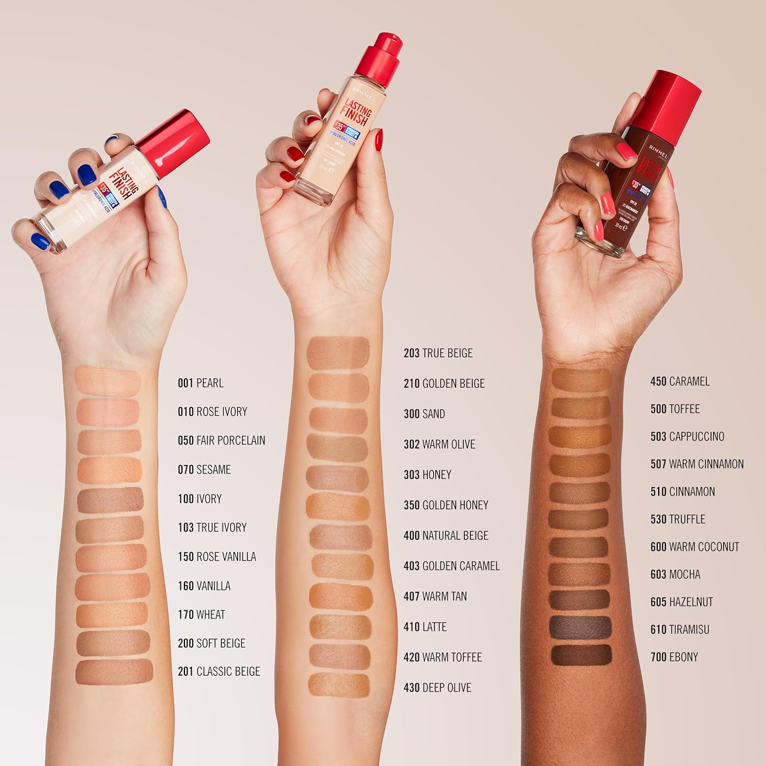 Three arms showing the full shade range of Rimmel Lasting Finish 35HR Foundation