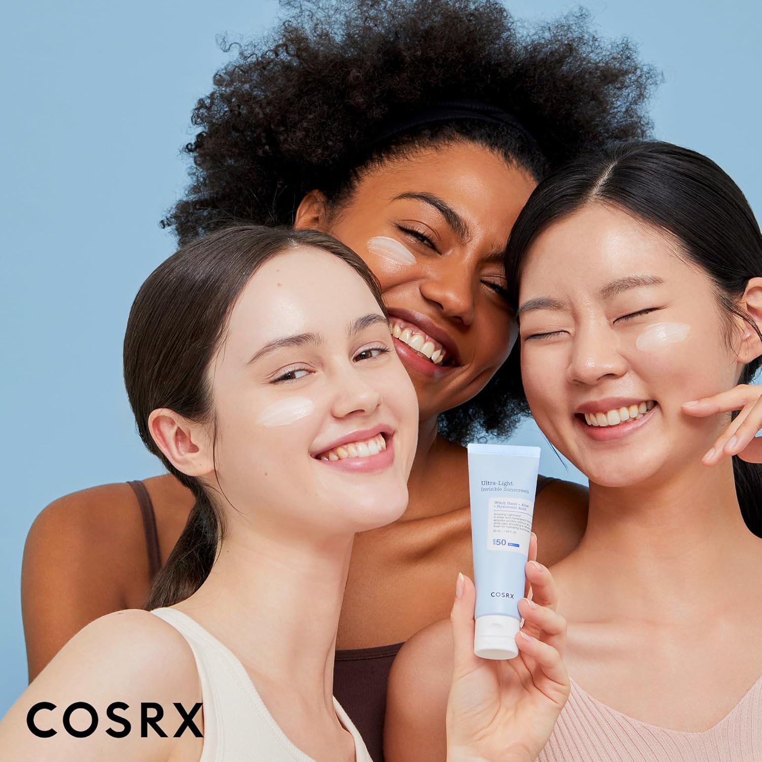 Infographic showing the SPF 50 protection level and skin benefits of COSRX sunscreen