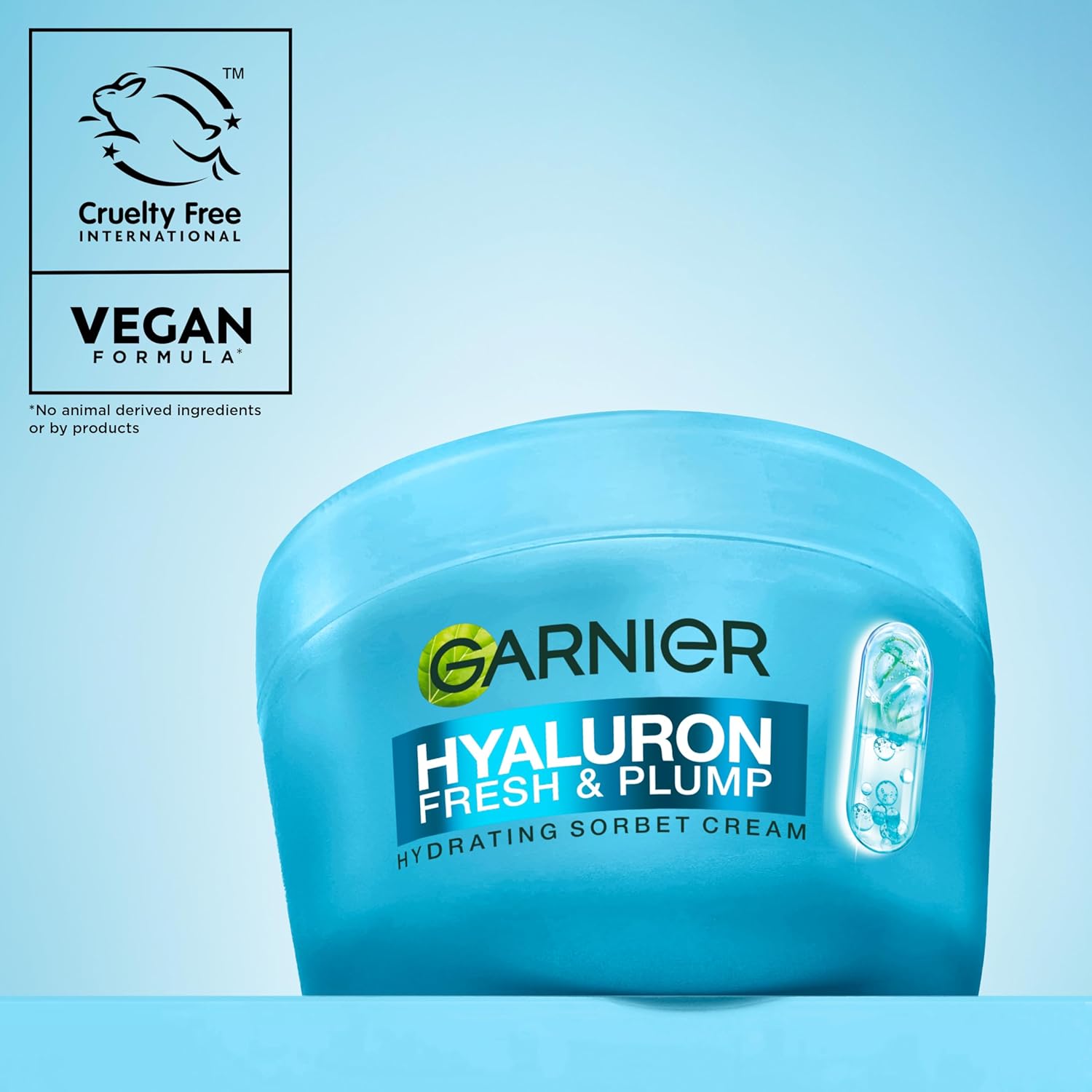 Garnier Hyaluron Fresh and Plump sorbet cream tub with key ingredient information