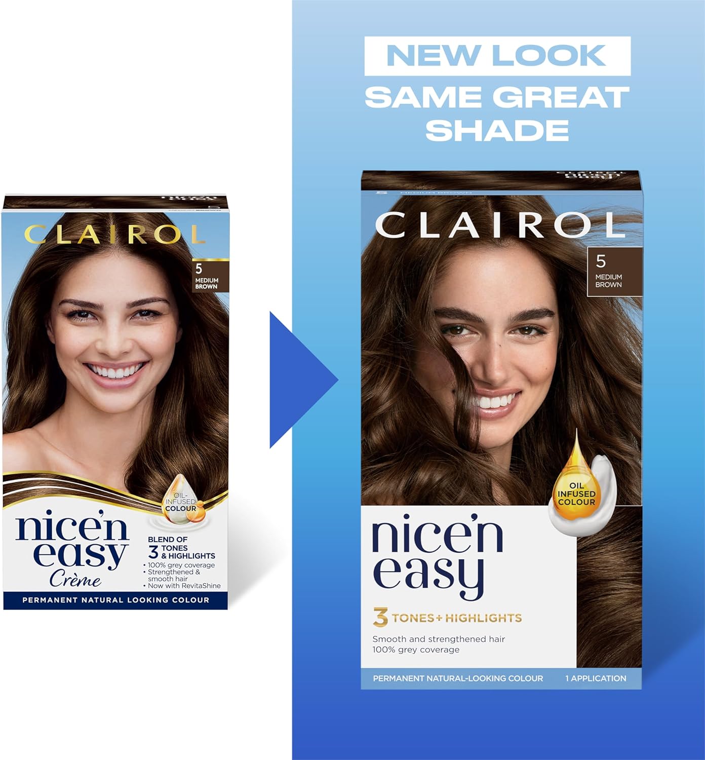 Clairol Nice'n Easy listing infographic showing the product's colour and coverage claims