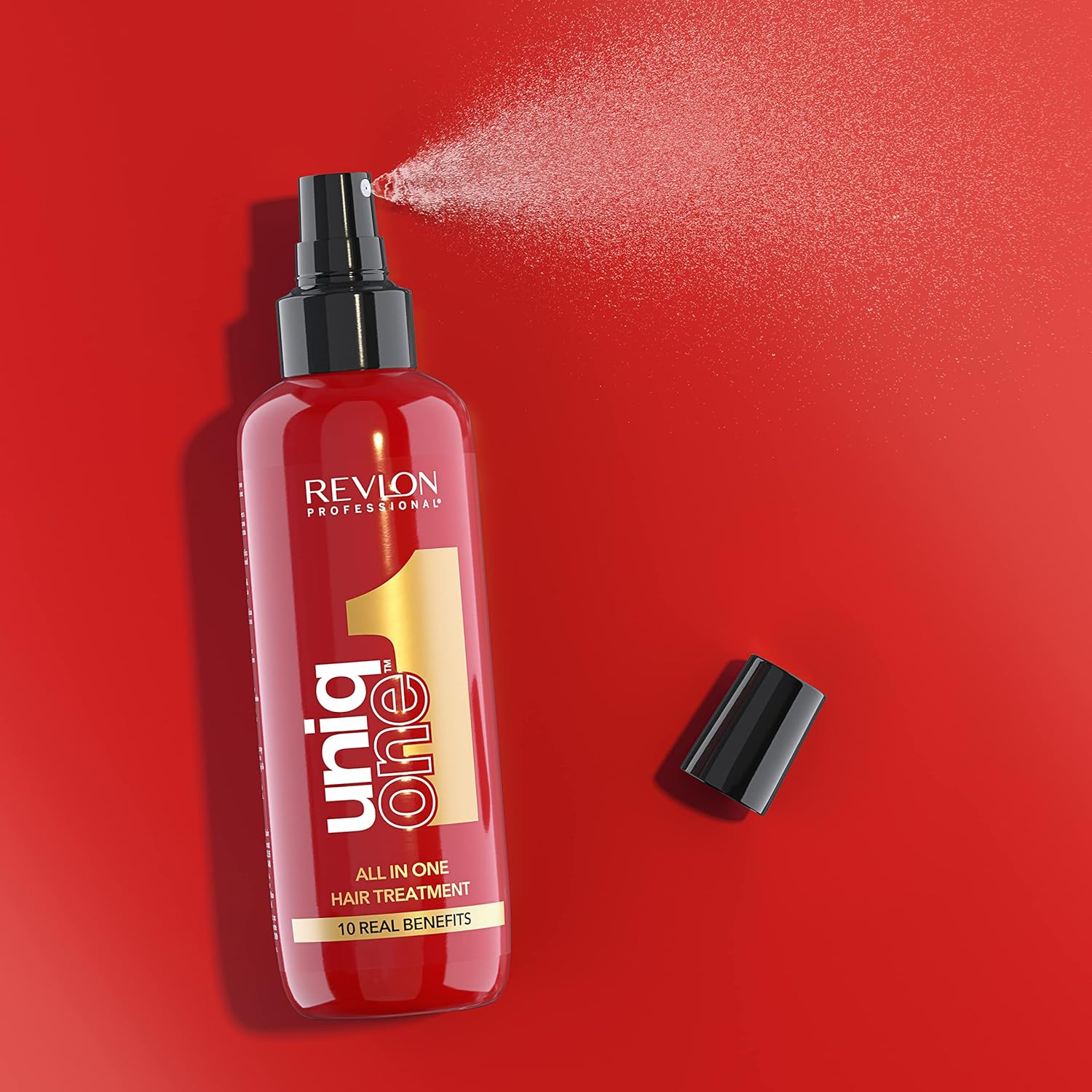 Infographic showing the 10-in-1 benefits of Revlon UniqOne hair treatment