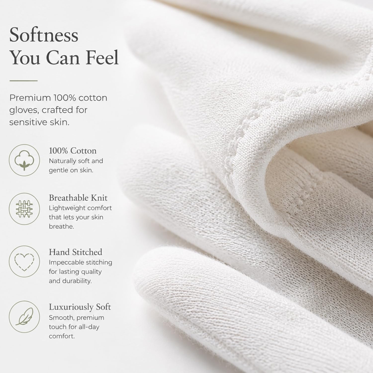 Close-up of the soft white cotton glove fabric and stitching, from the listing panel claiming 100% cotton and hand-stitched durability