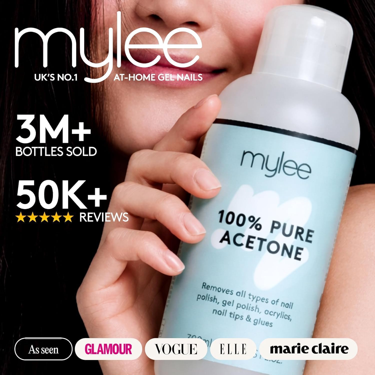 Mylee pure acetone infographic showing soak-off removal instructions