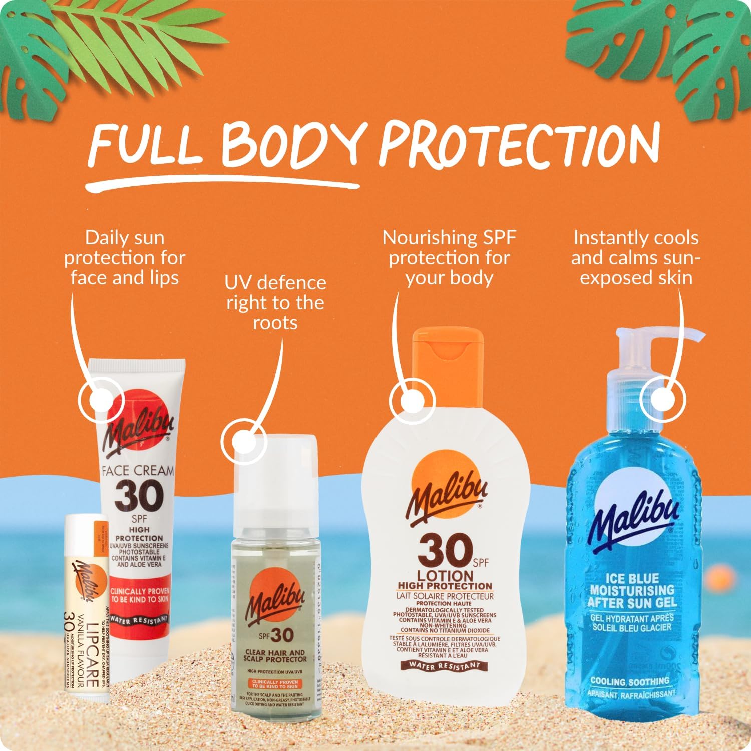 Infographic highlighting the Malibu Fast Tanning Body Butter features including SPF 0 tan accelerator